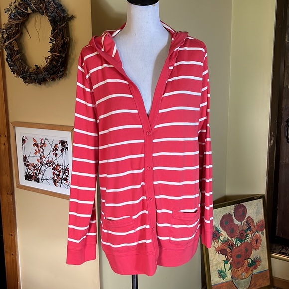 RALPH LAUREN Jeans Company Size XL 
Buttonfront Hoodie 100% Cotton Striped VNeck - Picture 2 of 14